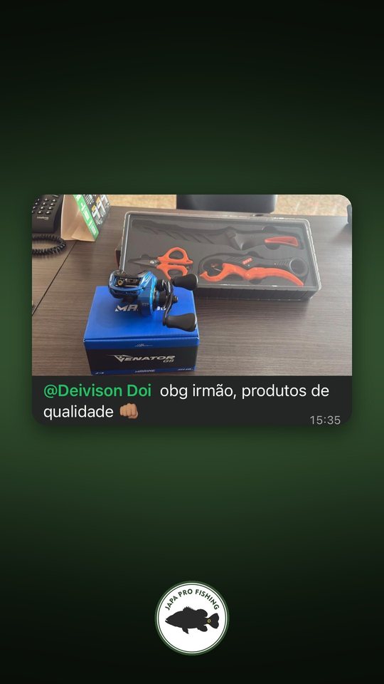 Cliente com carretilha Venator e kit de ferramentas: obrigado, produtos de qualidade