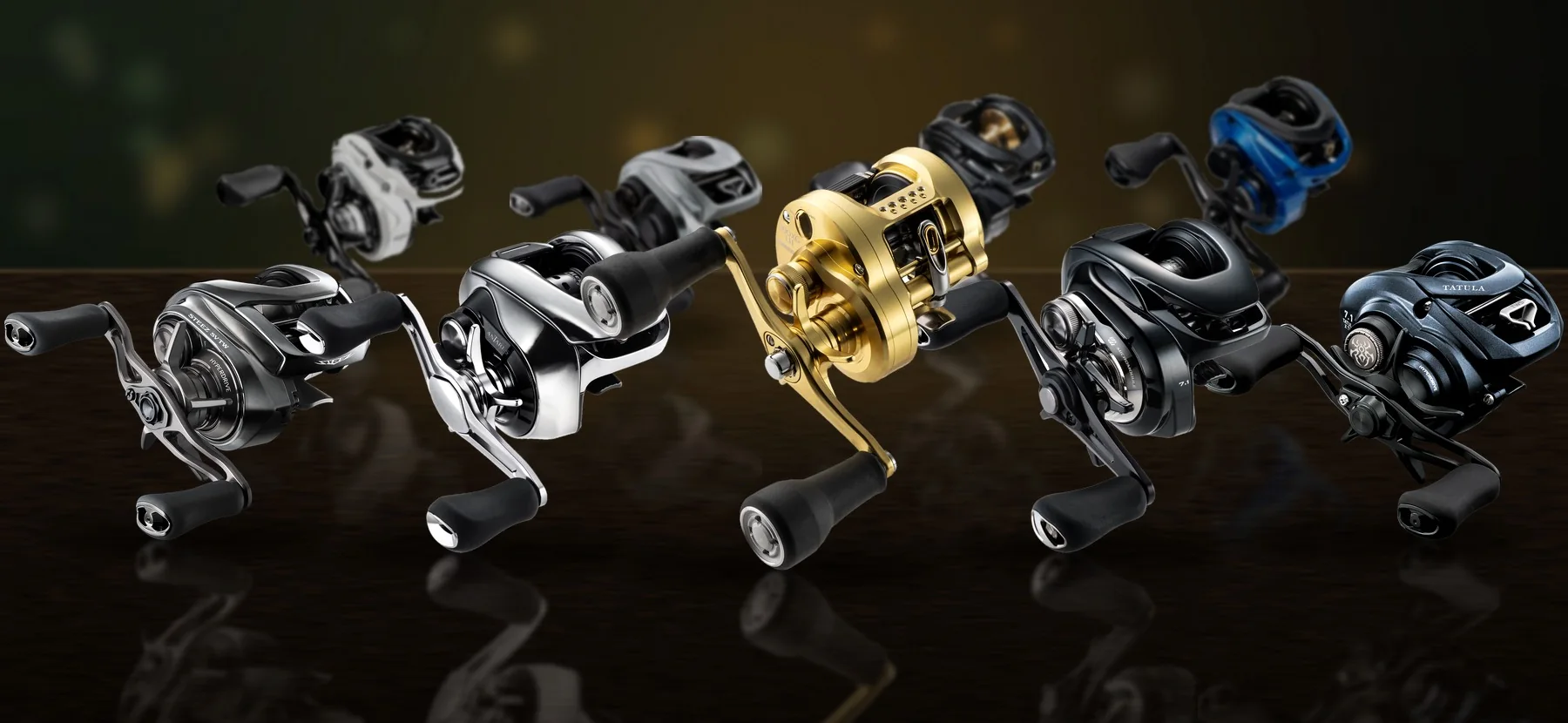 Carretilhas Shimano Calcutta Conquest, Antares e Curado, Daiwa Steez, Tatula e Zillion, e Marine Venator, Avenger e Venza